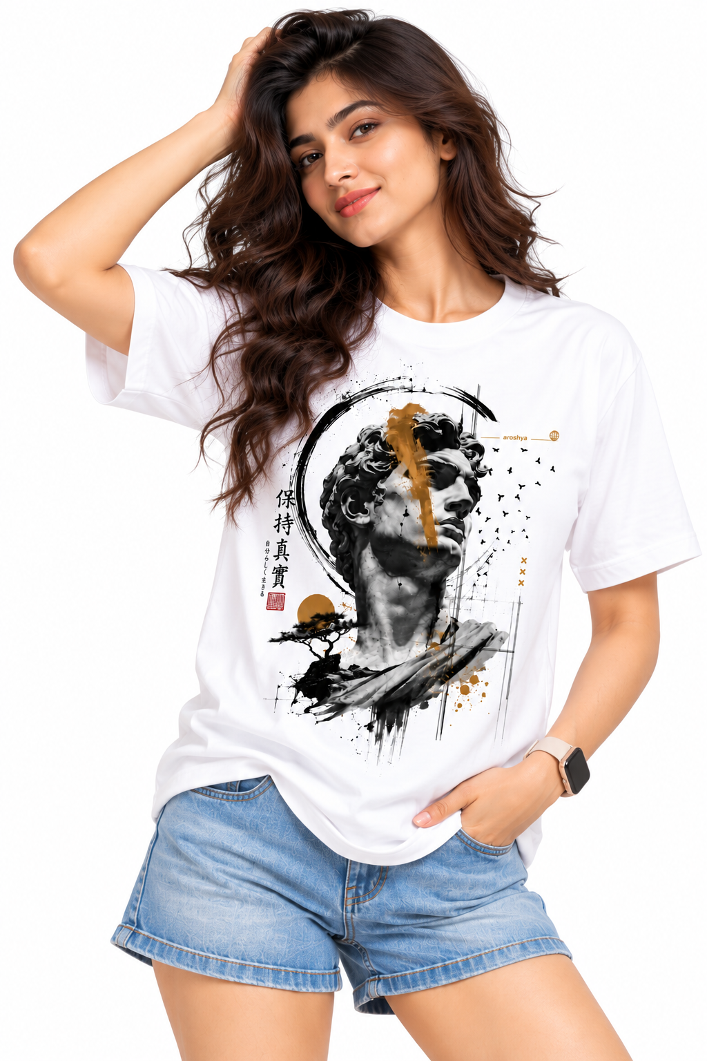 Women's White Japanese Art Graphic T-Shirt by AROSHYA