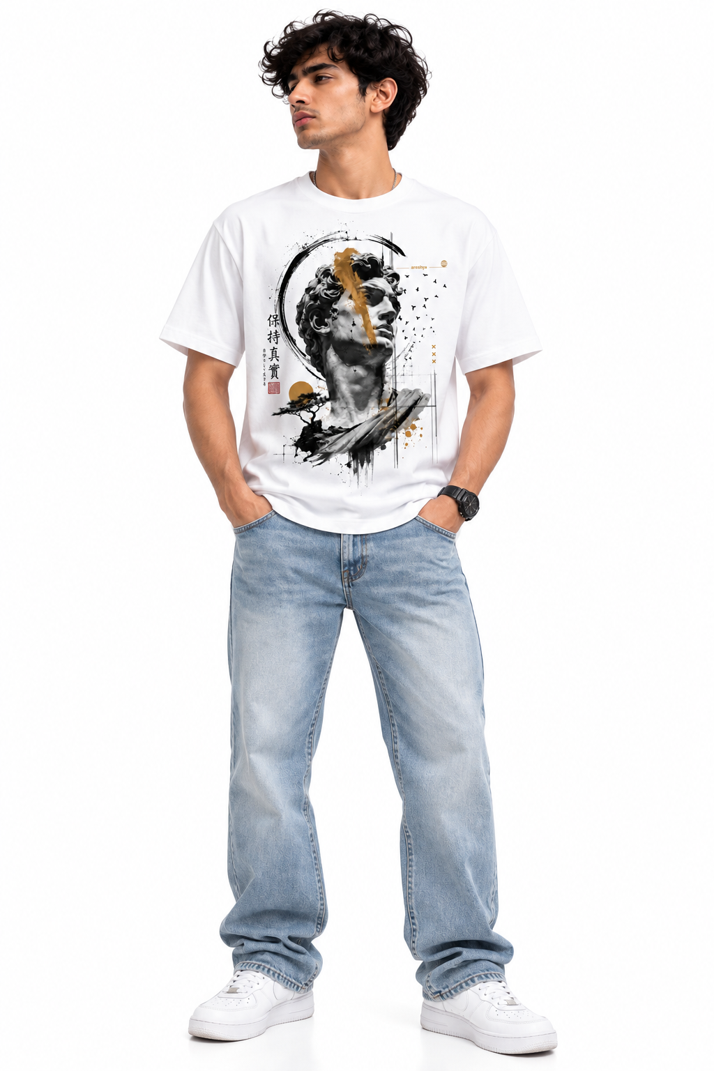 Men's White Japanese Art Graphic T-Shirt by AROSHYA