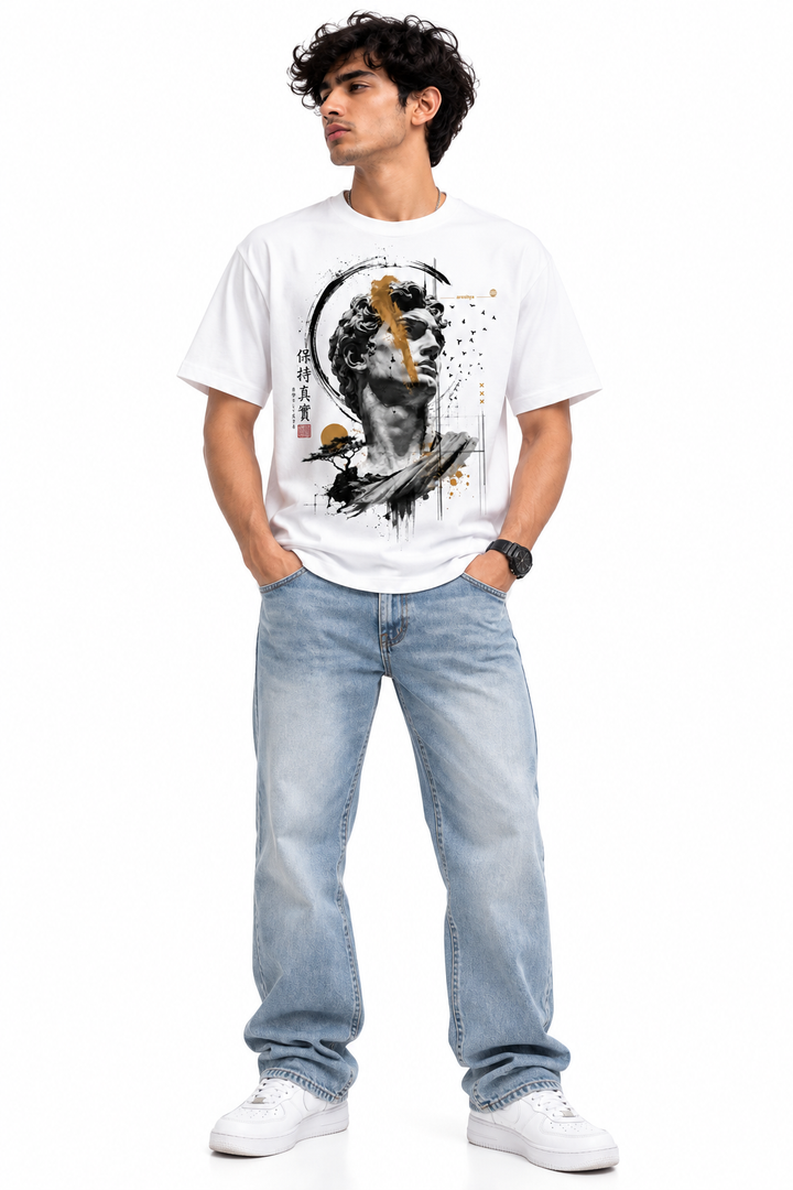 Men's White Japanese Art Graphic T-Shirt by AROSHYA